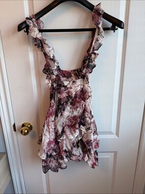 IRO Floral Ruffle Mini Dress in White and Pink